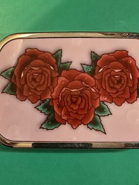 Pink Floral Metal Belt Buckle with Red Rose Motif
